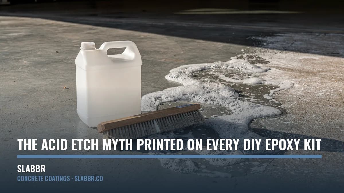 A DIY epoxy kit box and a jug of etching acid sitting on a bare garage slab next to a diamond grinder