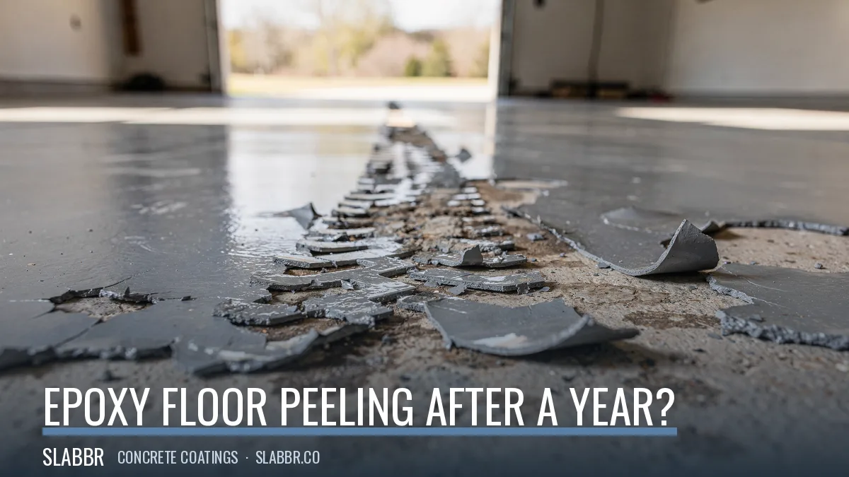 Epoxy floor peeling in tire-shaped patches on a garage slab
