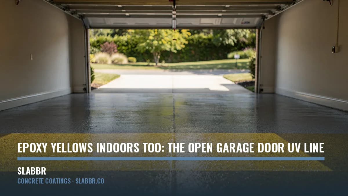 Garage floor showing a visible color line where the ambered band inside the open door meets the shaded rear of the slab