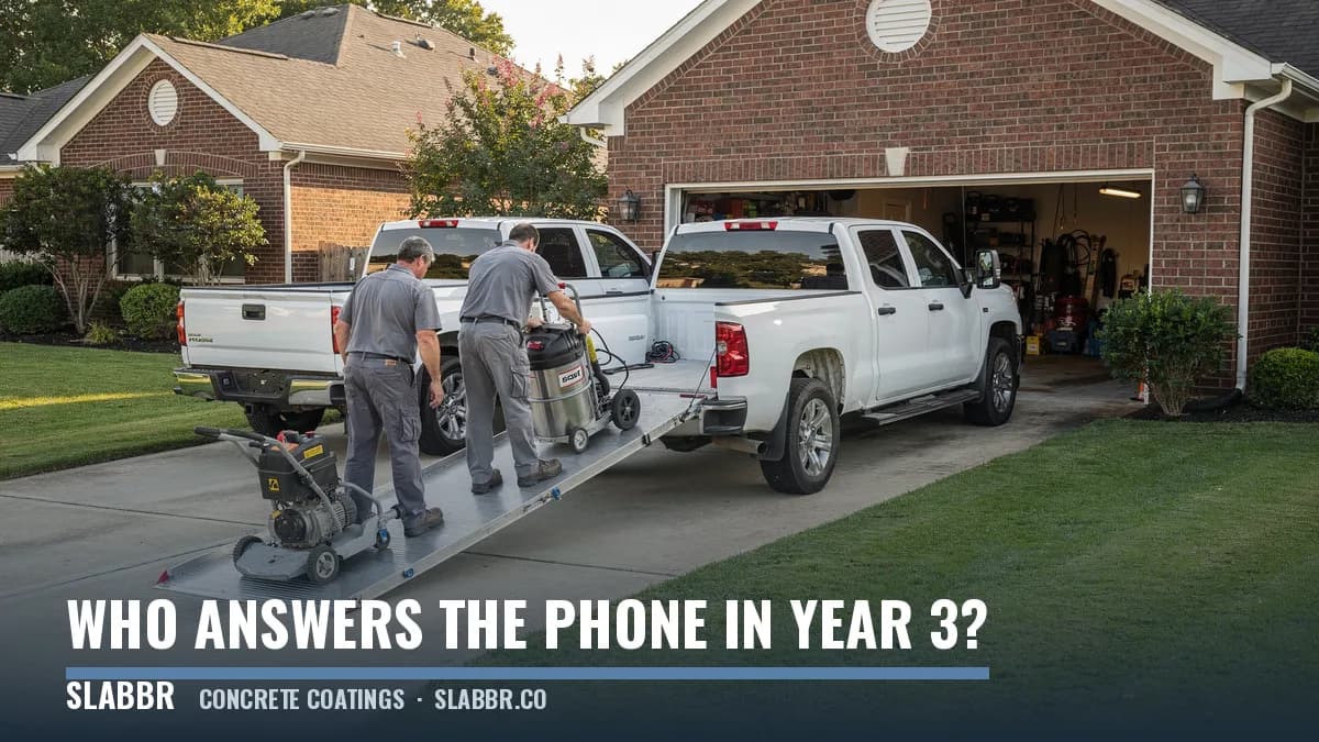 Two work trucks parked in a residential driveway while a crew unloads a diamond grinder and a HEPA vacuum into an open garage