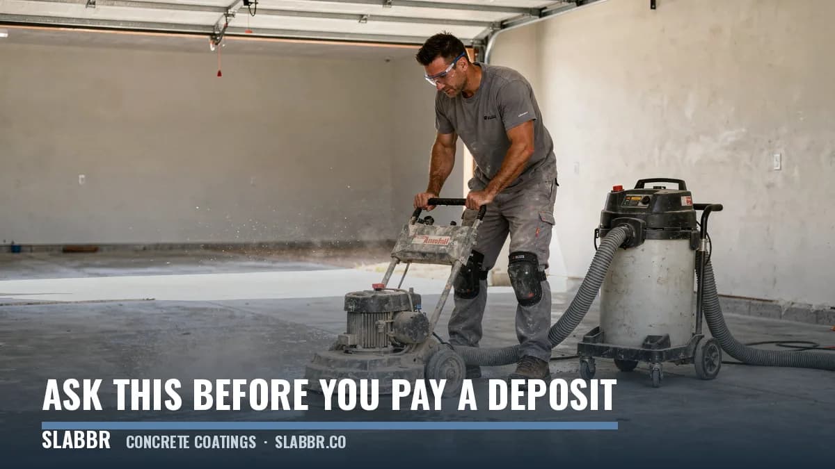 A Slabbr installer running a diamond grinder with a HEPA vacuum hose attached across a bare garage slab before any coating is applied.