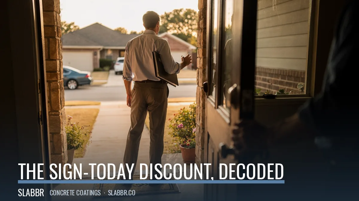 Door-to-door coating salesman with a presentation binder at a front door