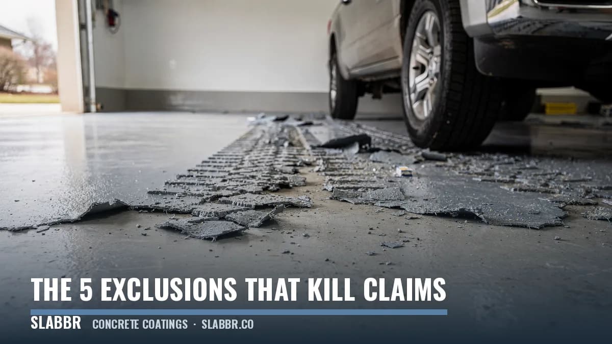 Tread-shaped patches of gray flake coating lifted off a garage slab beside the rear tire of a parked pickup truck