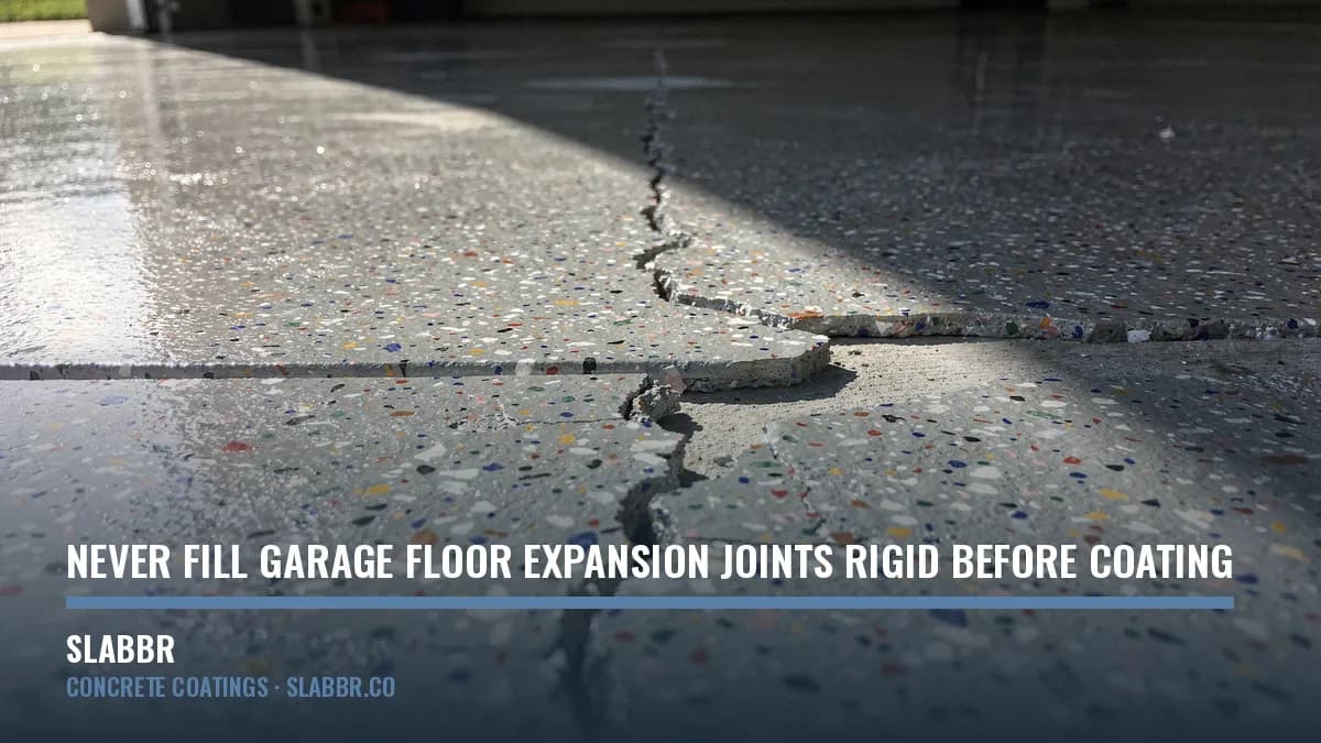 Saw-cut control joint running across a flake-finished gray garage floor, with the coating carried down into the groove and up the other side