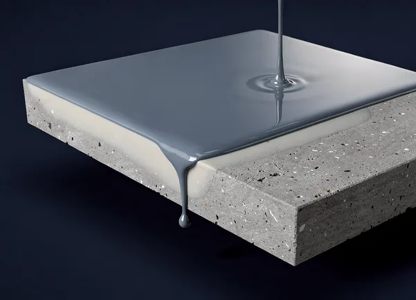 A slate blue base coat pouring and self-levelling across the ground concrete, with a wet leading edge and a drip at the corner.