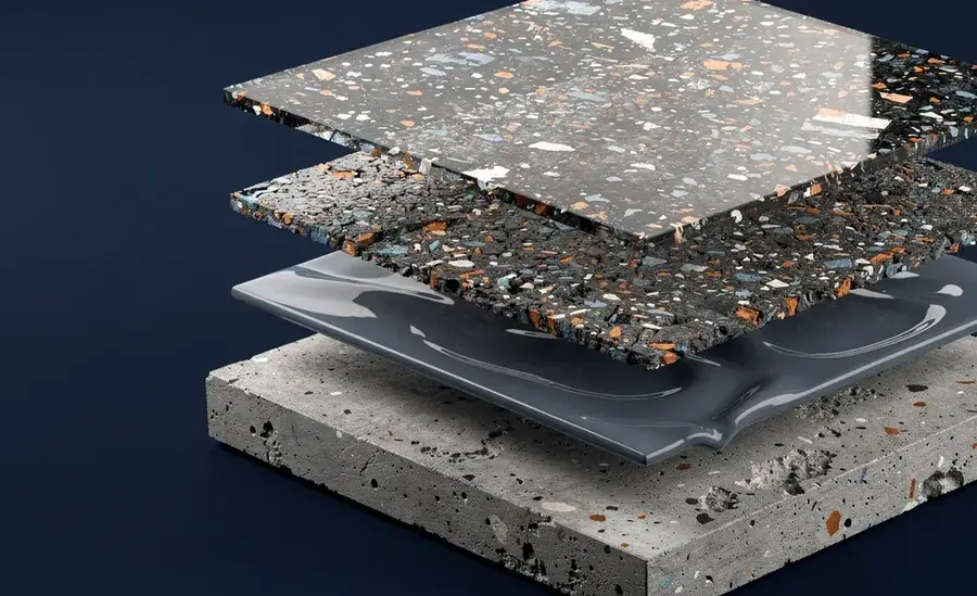 Exploded view of the Slabbr One build: a diamond ground concrete slab with a polyaspartic base coat, full flake broadcast and polyaspartic topcoat floating above it.