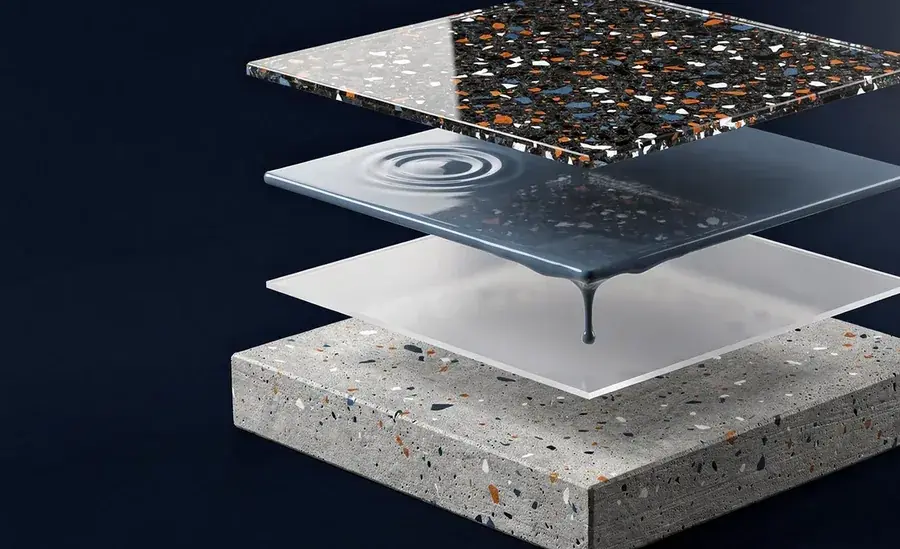 Exploded view of the Slabbr Prime build: a diamond ground concrete slab with a moisture vapor barrier primer, polyaspartic base coat, full flake broadcast and polyaspartic topcoat floating above it.